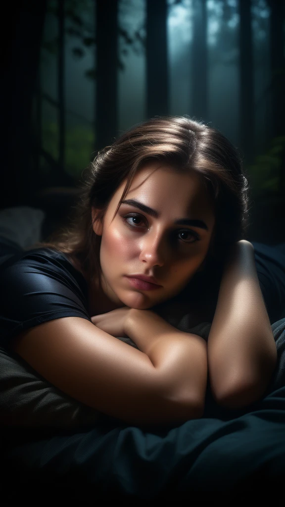 Beautiful young woman with sleepy smoky eyes ,  
comfortable, Lying in a room with a dark art view of the forest , Dim Light, Rim Light, Dark Shadows, Dramatic lighting,  high resolution　8K