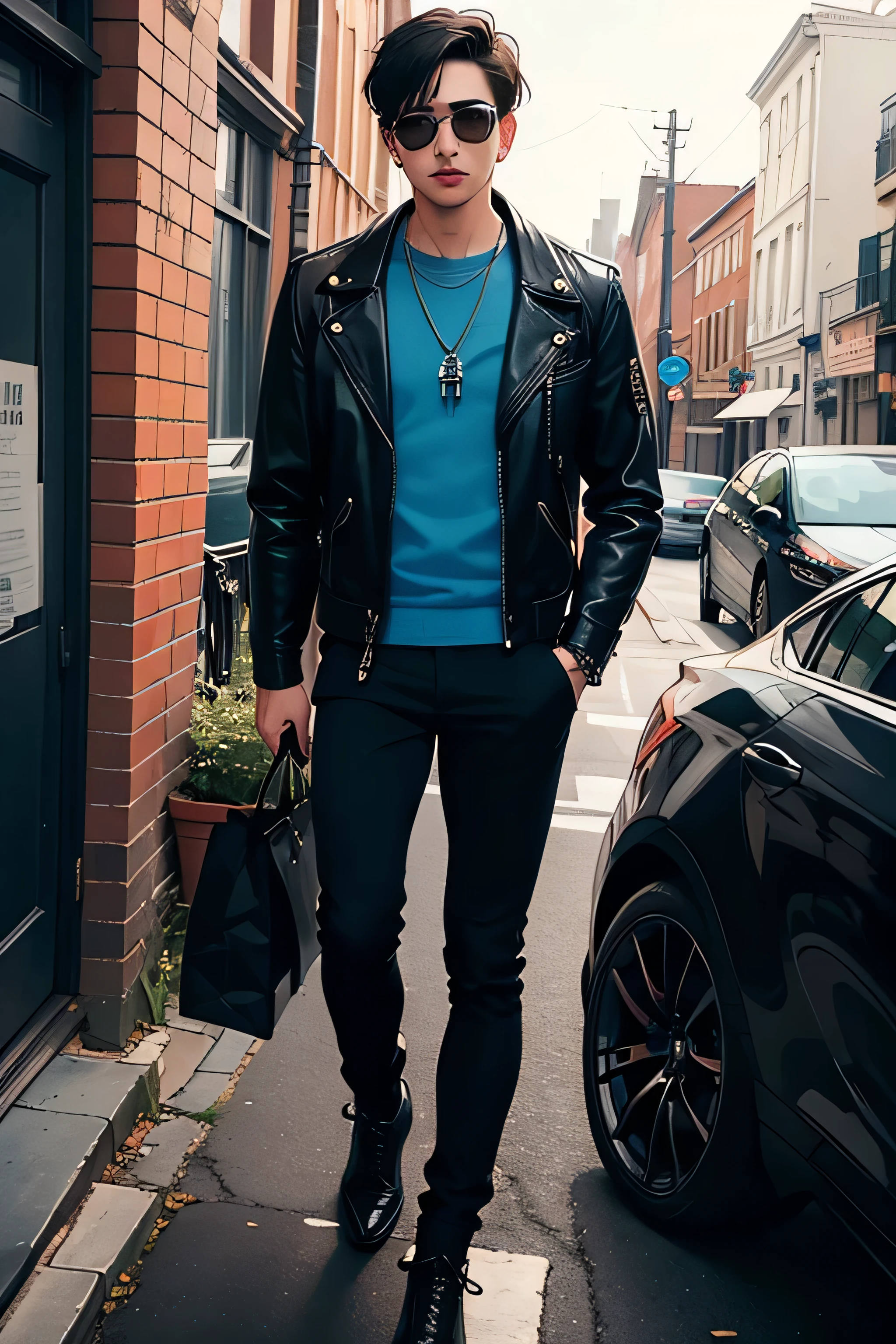 ((best quality)), ((masterpiece)), (detailed), 1guy, skull for head. black leather jacket, blue shirt, black combat boots, black pants, necklace, black skin