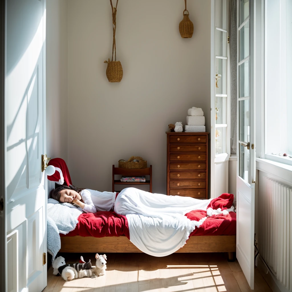 White Room, Santa Claus places a present at a sleeping child's bedside, Ultra HD、32k、Masterpiece、A kindergarten girl、 clavicle, RAW Photo、Big-eyed girl in light red pajamas、Long face, Professional Lighting、Japanese anime style, Sleeping in bed under the covers