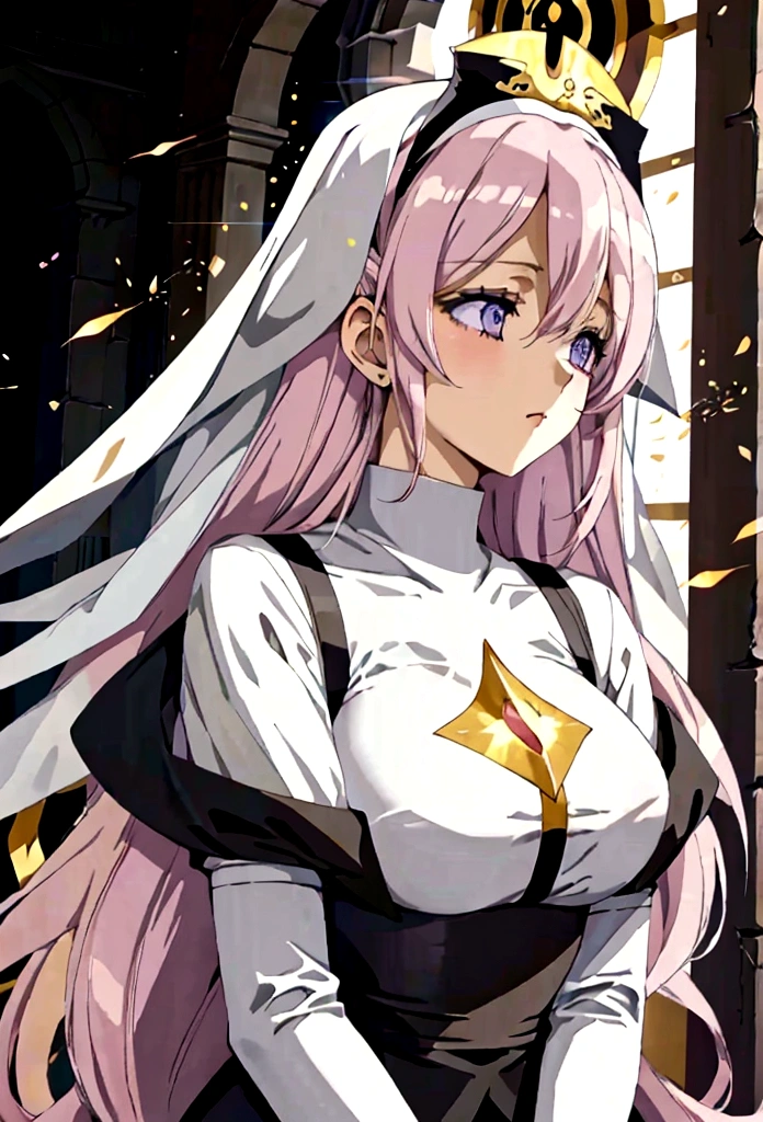 anime styling, best qualityer, pale white woman, Very long pastel pink hair, some wavy locks, bangss, purples eyes, Nun (nun), dressed in royal clothes in black and white tones full of golden details, body covered. She is praying with a serious expression on her face. The background must be illuminated by a holy light, with light particles floating in the air, to create a serene and spiritual environment. Medieval RPG Theme.
