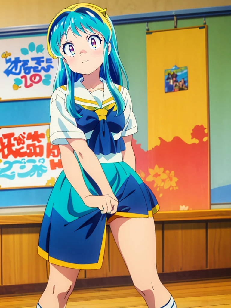 masterpiece, Highest quality, 1 Girl, Lum, Sailor suit, Summer clothes, Navy Blue Skirt, uniform, anime, Charm, 18-year-old, sexy, Stand with your feet apart, Japan, High definition, From before, classroom, Green Hair, Cowboy Shot, smile, Yellow neckerchief, 1980年代animeスタイル, White socks, Orange sneakers