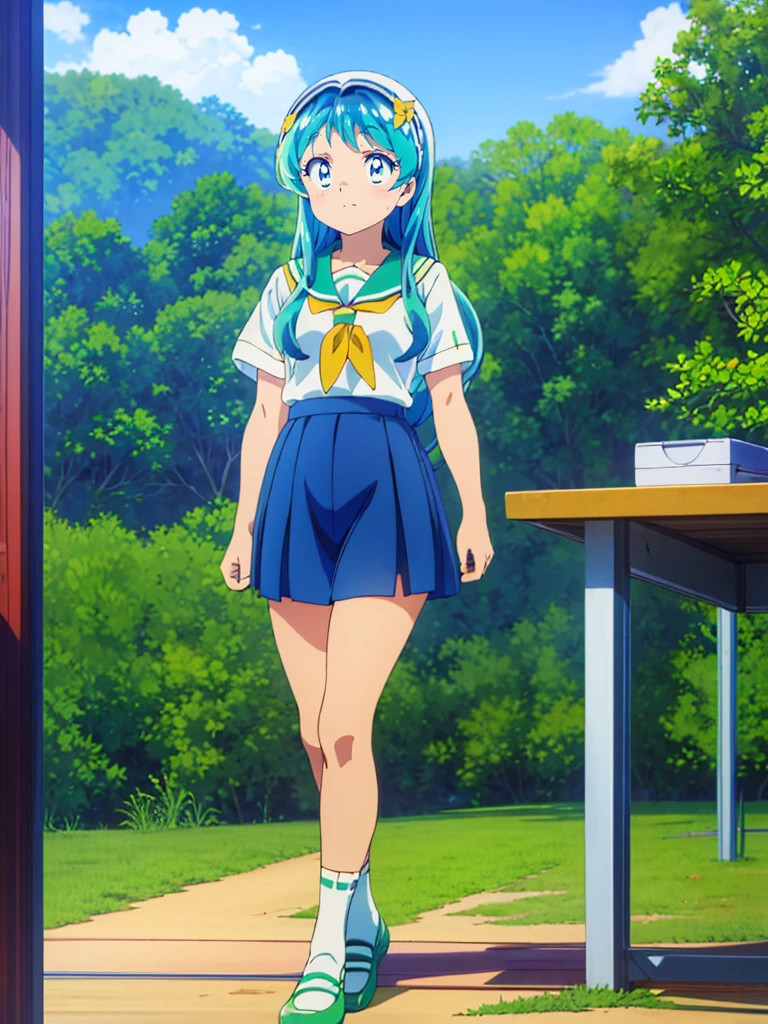 masterpiece, Highest quality, 1 Girl, Lum, Sailor suit, Summer clothes, Navy Blue Skirt, uniform, anime, Charm, 18-year-old, sexy, Stand with your feet apart, Japan, High definition, From before, classroom, Green Hair, Cowboy Shot, smile, Yellow neckerchief, 1980年代animeスタイル, White socks, Orange sneakers