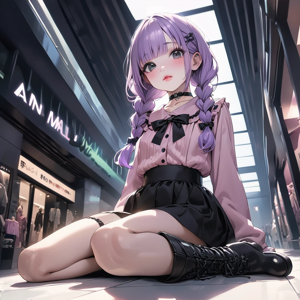 masterpiece, ultra detailed, 8K, solid blue Skyscrapers background, full body shot, Angle looking up from below.happy, a girl, kawaii, light atmosphere, mysterious atmosphere, (Cute a girl:1.5), (a girl with closs hair pin,pale purple hair,wavy two braids,bluntbangs hair,green and black eyes,
pink shirt,cosplay, jirai kei, bangs, black skirt, black bow, looking at viewer, bow, long sleeves, choker, ribbon,pink lips,Thick-soled boots,fullbody shot :1.4),pussy focus,Masturbation Female with her hand,nsfw,
(masterpiece:1.3), anime visual, (Lovey-dovey:1.5), (tilt head:1.3), extremely delicate face, soft clean focus, realistic lighting and shading, (an extremely delicate and beautiful art:1.3), elegant, (muted colors:1.1), small breast,slim,Sitting on a carry-on bag in Shinjuku Tower Kids,n mall,night lit,