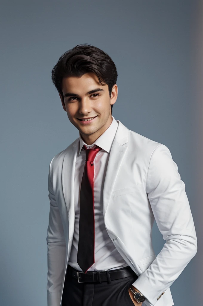 A 22 old young men with dark hair and a confident smile with round face he is dress a black blazer over a white shirt A man is positioned against aqua colour backdrop with a subtle red lighting of the rate site and posing for linkedin profile