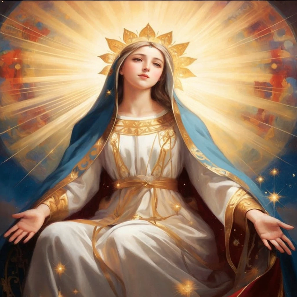 A painting of a woman in a white dress and blue cape, Queen of Heaven, Majestic Holy Woman, virgin mary, mary in a sanctuary, portrait of virgin mary, holy imagery, Holy and beautiful, catholic religious art, Holy rays of holy light, Sacred rays of spiritual light, Portrait of the Queen of Light, religious iconography, immaculate, Brilliant sacred aura