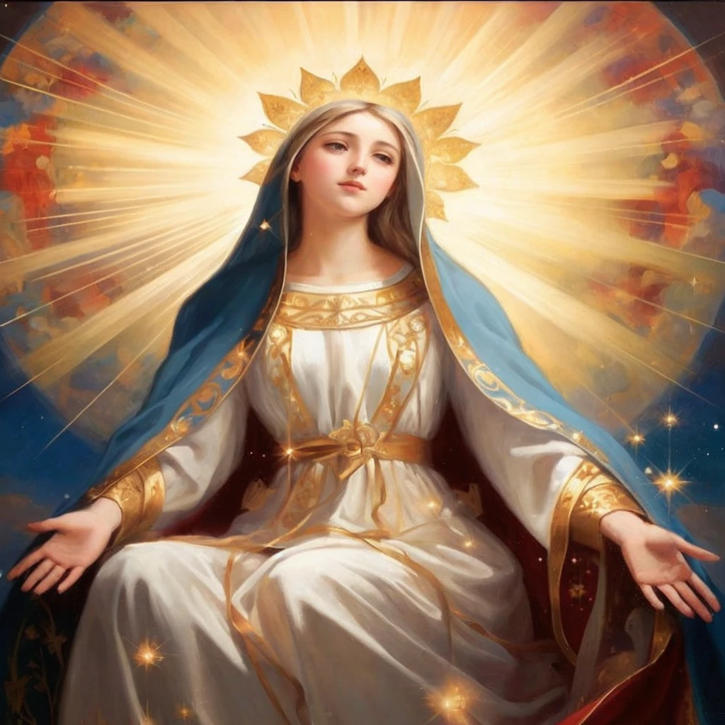 A painting of a woman in a white dress and blue cape, Queen of Heaven, Majestic Holy Woman, virgin mary, mary in a sanctuary, portrait of virgin mary, holy imagery, Holy and beautiful, catholic religious art, Holy rays of holy light, Sacred rays of spiritual light, Portrait of the Queen of Light, religious iconography, immaculate, Brilliant sacred aura