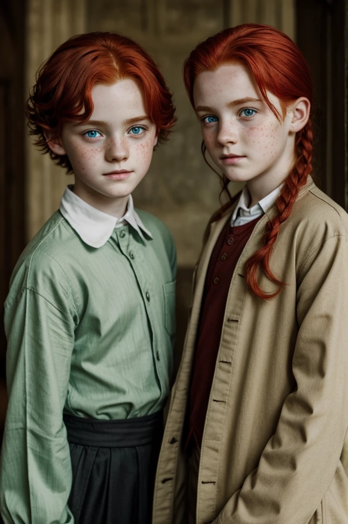 Young Draco Malfoy together with a red-haired girl, green eyes and freckles