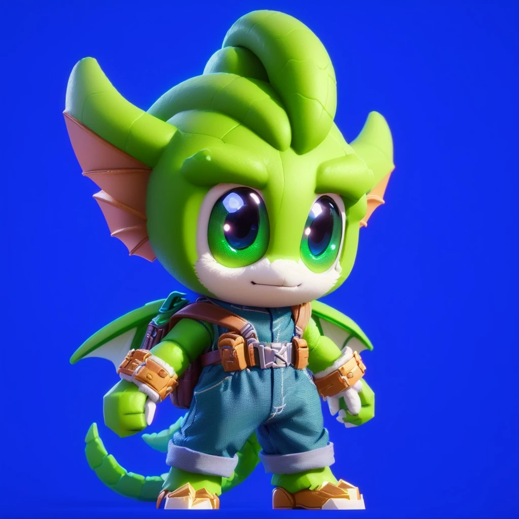 a closeup of a toy of a green dragon with a backpack, little character. unreal engine 5, toonix character, video game character, Toon render keyshot, stylized character, videogame character, Official 3D rendering art., merged character, profile photo 1024px, cartoon shader, game character, Official character art, character artwork