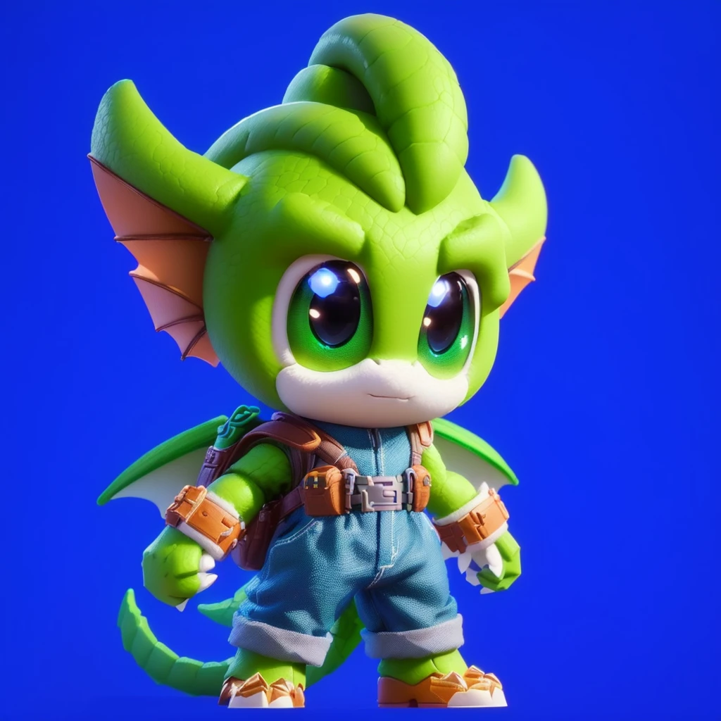 a closeup of a toy of a green dragon with a backpack, little character. unreal engine 5, toonix character, video game character, Toon render keyshot, stylized character, videogame character, Official 3D rendering art., merged character, profile photo 1024px, cartoon shader, game character, Official character art, character artwork