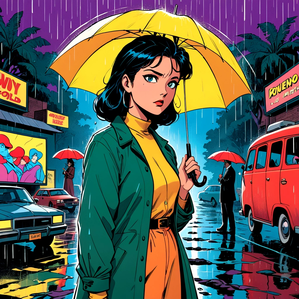 woman holding umbrella, technicolor rain,  uv light face mask, , VHS, glitch, distorted, nostalgia, 90's retro vibes, analog tape, vcr aesthetics, tv, television, 1990's cartoon homage), comic 1990's, animated tv show screengrab, cinematic poster, image within image, multiple exposure, massive scale, rich color grading for shading depth, hand drawn rotoscope cartoon realism, chiaroscuro lighting, mixed media, vintage comic, retro original design, 1990's comic, sense of movement energy, A black and white world, holding umbrella, each drop of rain unleashes a ripple of color, bringing color to this otherwise mundane world, color reverberating out from each raindrop as it makes contact with the ground, subtle coloring to enrich the black and white image, rich color grading, sense of depth, shading and shadows