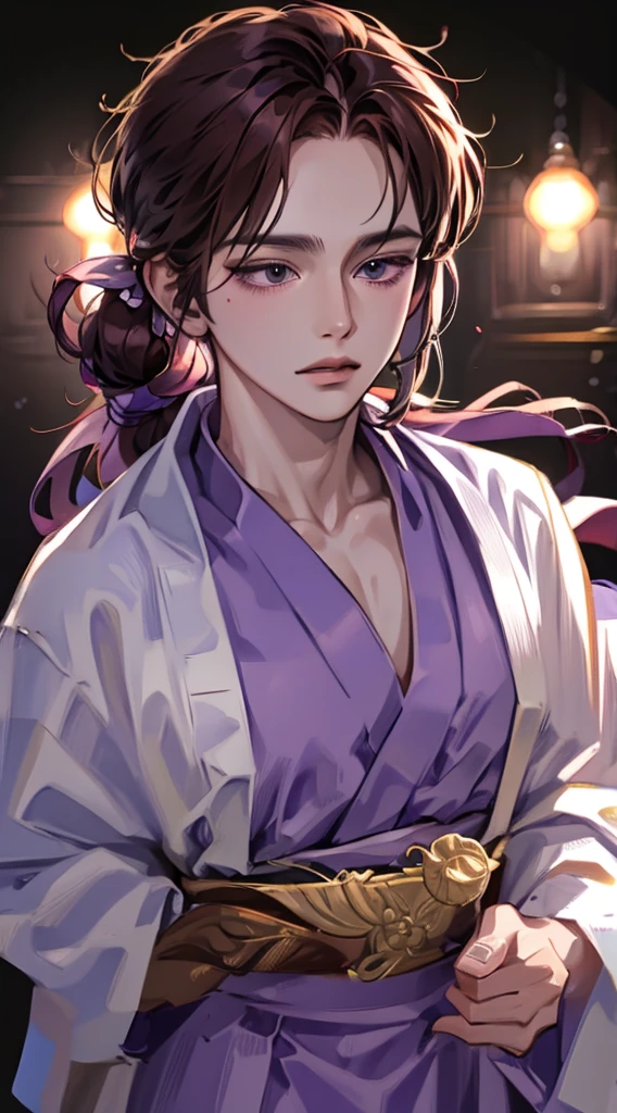 Long brown hair, loose purple hanfu robes, is blindfolded