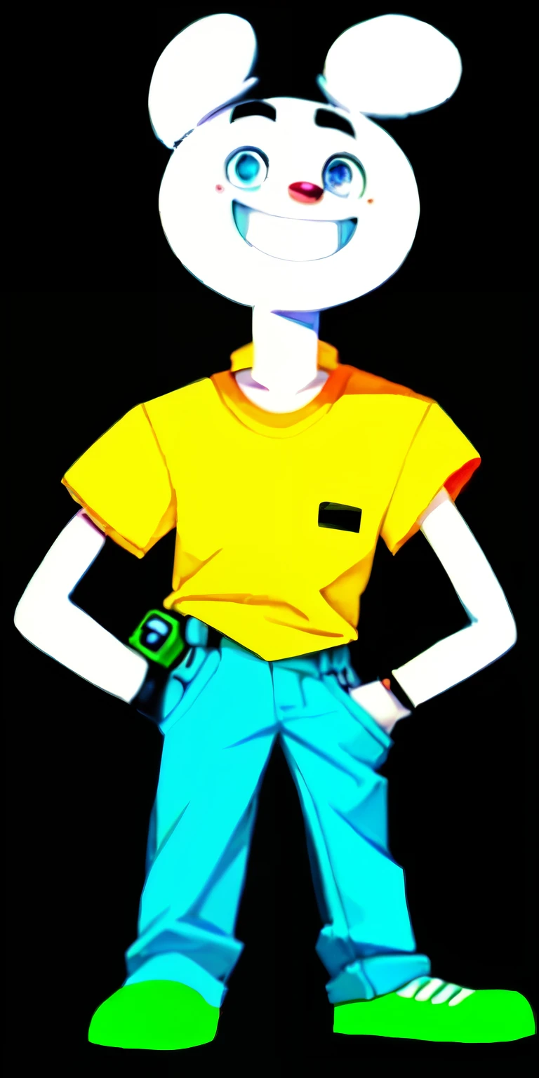 A drawing of a cartoon character wearing a yellow shirt and blue pants, Yeboy, Cartoon Images, Cover art, Official Fan Art, gelbooru anime image, Album cover!, Flashy clothes, full_body!!, Chill Hop, Cher, Album art cover, alternate Album cover, Pip Boy Art, Anime Shōnen,  Boy, Official artwork, A cute boy