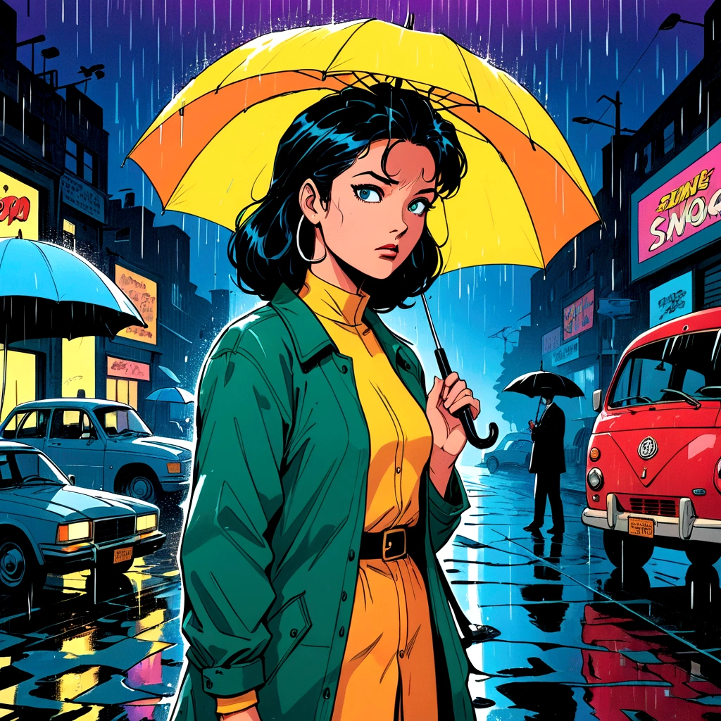 woman holding umbrella, technicolor rain, uv light face mask, , VHS, glitch, distorted, nostalgia, 90's retro vibes, analog tape, vcr aesthetics, tv, television, 1990's cartoon homage), comic 1990's, animated tv show screengrab, cinematic poster, image within image, multiple exposure, massive scale, rich color grading for shading depth, hand drawn rotoscope cartoon realism, chiaroscuro lighting, mixed media, vintage comic, retro original design, 1990's comic, sense of movement energy, A black and white world, holding umbrella, each drop of rain unleashes a ripple of color, bringing color to this otherwise mundane world, color reverberating out from each raindrop as it makes contact with the ground, subtle coloring to enrich the black and white image, rich color grading, sense of depth, shading and shadows