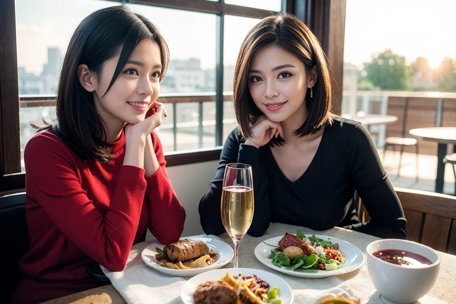 ((Highest quality、8K、masterpiece:1.3))、Sharp focus:1.2、Beautiful woman perfect body:1.4、slimなボディ、((Bob Hale、Straight hair:1.2))、(to be born, Highest quality, masterpiece:1.5), (Realistic, Intricate details:1.2), full-course dinner、テーブルにwine glass、Shine light on your face、 Amazing view of the sunset sky and clouds、ニコニコ明るいsmile、smileの素敵な女性、Bright image、2. The beauty of wine, Beautiful Face, blue eyes, The light shines on your face, Blushing, short hair,Bright Face、Fox face、 (43 years old), 39 years old, Lady、red wine 、Appetizers、Italian food、Wine bottle、Champagne、sparkling wine、Two beauties、Brown Hair、Shortcuts、Long sleeve shirt、dress、Beautiful woman 1, (slimな顔), (The body is slim), (Brown Hair), (Shortcuts), cheeks turn a little red,Attractive beauty、, Out of the window, Beautiful and detailed night view.........., restaurant, In a prominent place (From the waist up) Nova Frog Style, actress, model, Upper Body, White wine, slim, wine glass, 真ん中に置かれたwine glass, smile, (smile: 1.15), Beautiful fine grain, Depth f/2,saturation, High Contrast, Strong light and shadow,Moist Body:1.5、3D texture、Delicate eyes、Brown Hair、The hair is very shiny、