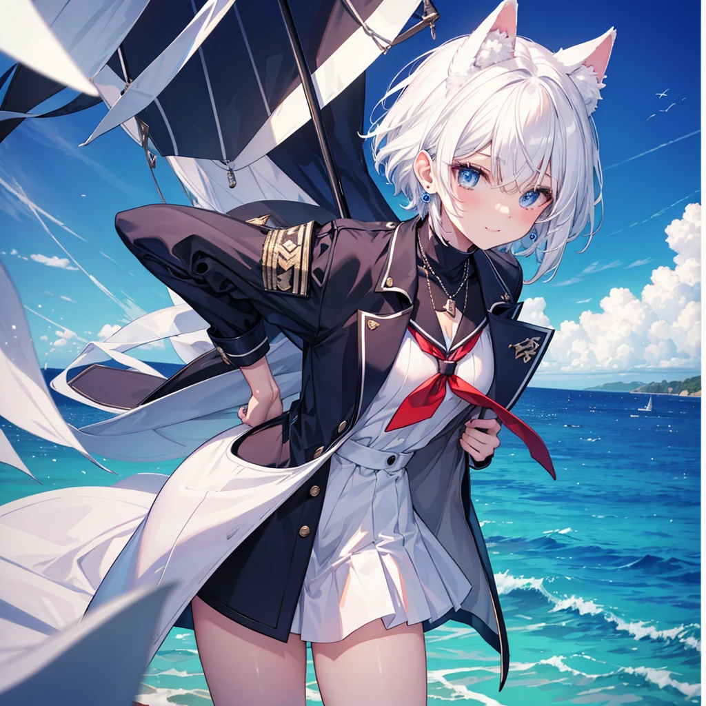 White Hair　blue eyes　short hair　Have　student　Cat ear　nice　Blue Earrings　necklace　gloves　beauty　thin　Sailor suit　Put on a black coat　Fantasy　smile　coastal　sunset　Fluffy hair