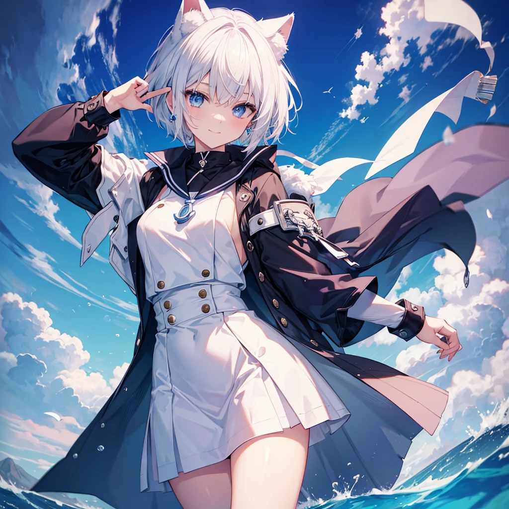 White Hair blue eyes short hair Have student Cat ear nice Blue Earrings necklace gloves beauty thin Sailor suit Put on a black coat Fantasy smile coastal sunset Fluffy hair