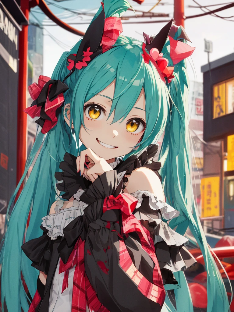 hatsune miku, very cute, blood, smiling, devil, cat ears, yellow eyes