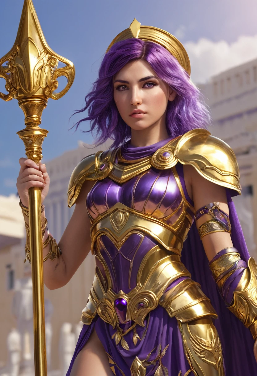 1girl, Athena, greek goddes, powerfull, purple hair, Golden armour, holding a scepter, realistic, very detailed, 4K