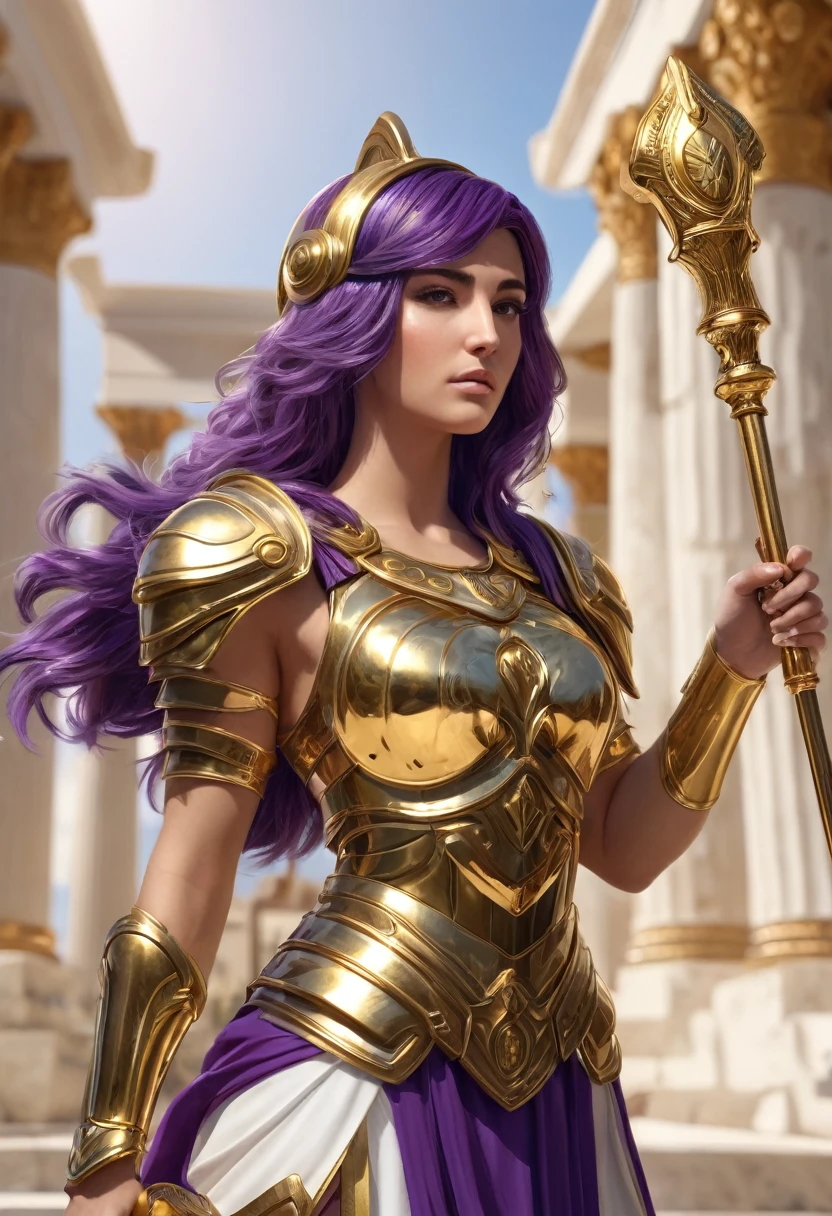 1girl, Athena, greek goddes, powerfull, purple hair, Golden armour, holding a scepter, realistic, very detailed, 4K