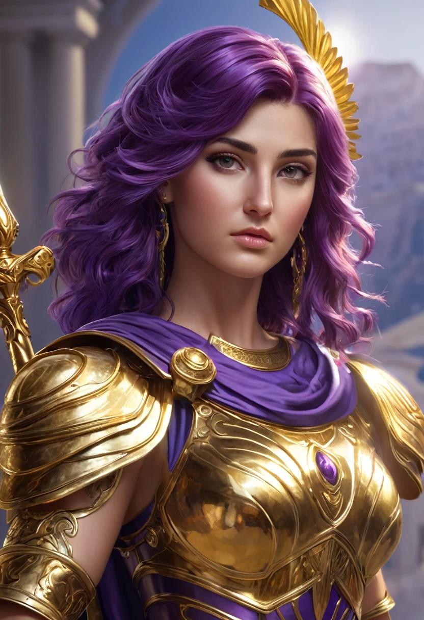 1girl, Athena, greek goddes, powerfull, purple hair, Golden armour, holding a scepter, realistic, very detailed, 4K