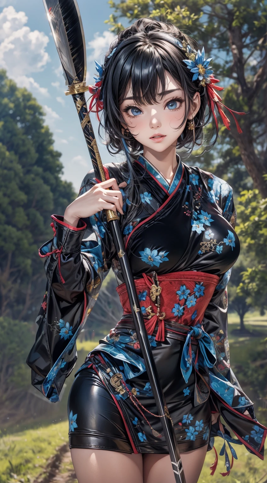 Hold a naginata in your right hand、The blade of the naginata held in his right hand was shining brightly..、The thighs are bare、Meadow under your feet、wood々、Sky with clouds、Red waist belt