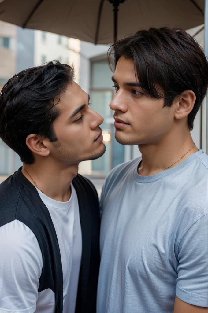 two men stare at each other. one has a handsome face, black hair, wearing a white shirt. the other has a sweet face, dark brown hair and wearing a blue shirt