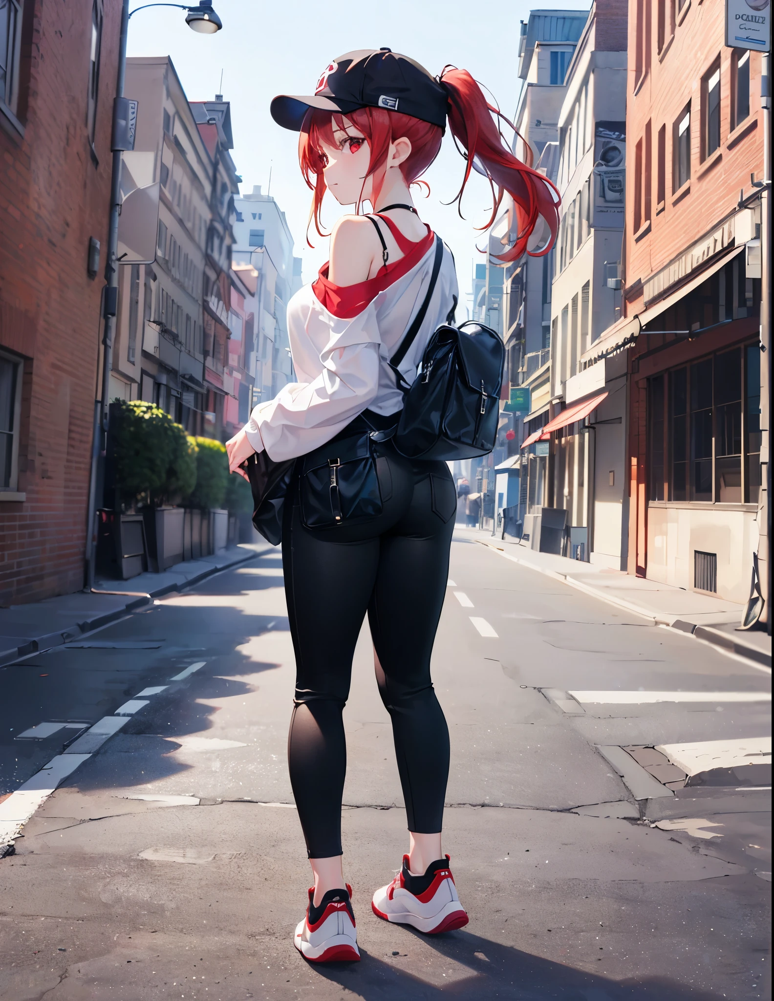 (Close-up:1.3),Realistic,Highest quality, Ultra Detail, High-quality CG rendering, The most delicate and beautiful, Floating softly, High resolution, (1 girl), (Highest quality,4K,8K,masterpiece:1.2),(All red hair:1.5), (ponytail:1.5),(Red eyes:1.5),(Slightly larger breasts:1.2), (White oversized long sleeve T-shirt:1.3),(Black skinny pants:1.3),(Pure black cap:1.3),In the city,old buildings,(whole body:1.3),(White sneakers:1.2),(Turn your back to your audience:1.3),Butt,Are standing,(Small shoulder bag:1.3)