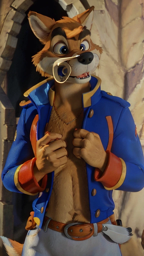 Photo-Realistic, masterpiece, detailed fur, shocked, looking at viewer, (detailed pixar eyes:1.2), detailed eyes, female, anthro, ((Don Karnage, Wolf, Tan Fur, Beige Muzzle, Blue buttoned captain's jacket with popped collar)), BREAK detailed fur, realistic fur, neat limbs, glistering fur, detailed fingers, detailed snout, detailed eyes, masterpiece, detailed lighting, detailed shadows, realistic lighting, realistic shadows, warm soft light, subsurface scattering, light rays