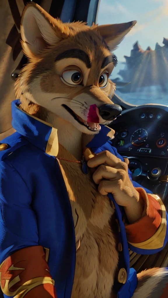 Photo-Realistic, masterpiece, detailed fur, shocked, looking at viewer, (detailed pixar eyes:1.2), detailed eyes, female, anthro, ((Don Karnage, Wolf, Tan Fur, Beige Muzzle, Blue buttoned captain's jacket with popped collar)), BREAK detailed fur, realistic fur, neat limbs, glistering fur, detailed fingers, detailed snout, detailed eyes, masterpiece, detailed lighting, detailed shadows, realistic lighting, realistic shadows, warm soft light, subsurface scattering, light rays