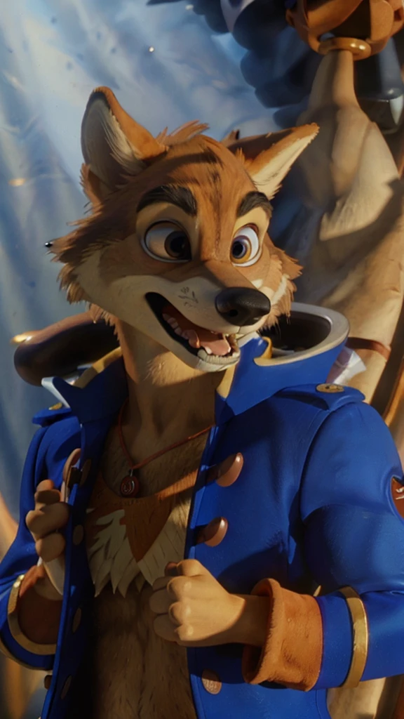 Photo-Realistic, masterpiece, detailed fur, shocked, looking at viewer, (detailed pixar eyes:1.2), detailed eyes, female, anthro, ((Don Karnage, Wolf, Tan Fur, Beige Muzzle, Blue buttoned captain's jacket with popped collar)), BREAK detailed fur, realistic fur, neat limbs, glistering fur, detailed fingers, detailed snout, detailed eyes, masterpiece, detailed lighting, detailed shadows, realistic lighting, realistic shadows, warm soft light, subsurface scattering, light rays