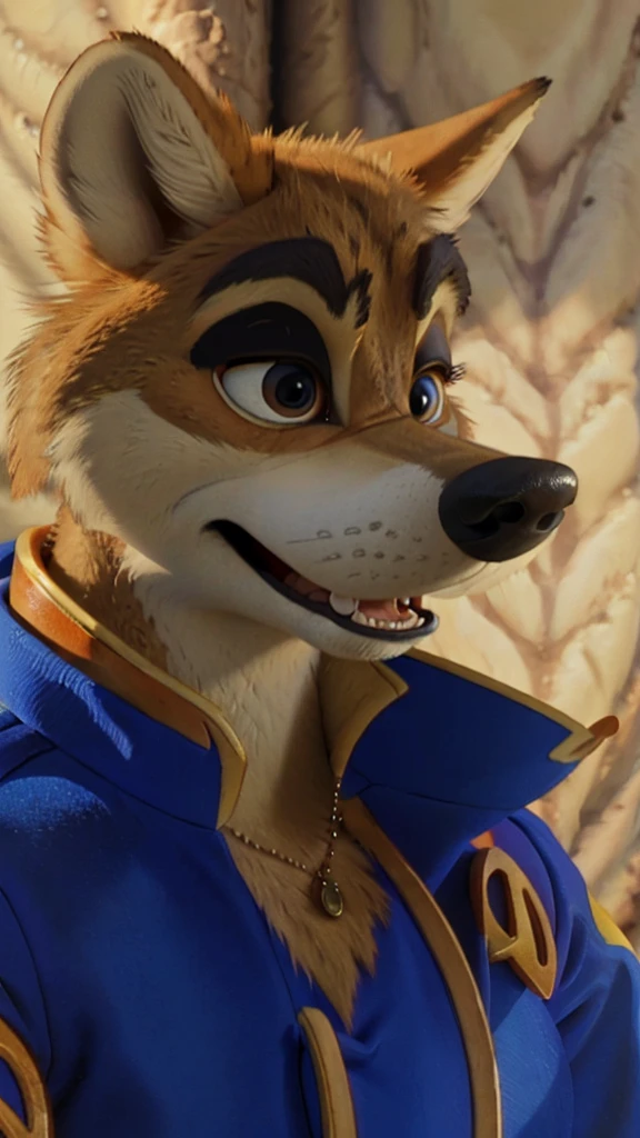 Photo-Realistic, masterpiece, detailed fur, shocked, looking at viewer, (detailed pixar eyes:1.2), detailed eyes, female, anthro, ((Don Karnage, Wolf, Tan Fur, Beige Muzzle, Blue buttoned captain's jacket with popped collar)), BREAK detailed fur, realistic fur, neat limbs, glistering fur, detailed fingers, detailed snout, detailed eyes, masterpiece, detailed lighting, detailed shadows, realistic lighting, realistic shadows, warm soft light, subsurface scattering, light rays