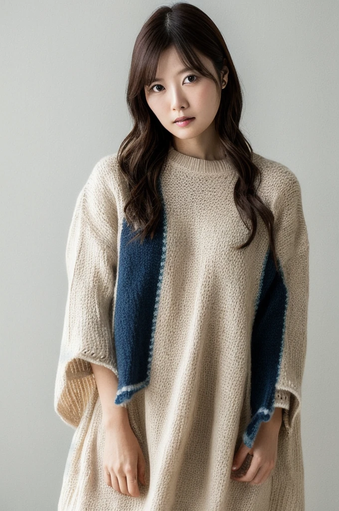 One girl, alone, masterpiece, View your viewers, Simple Background, White Background, ,Cowboy Shot,Knitted clothing,Maiyan, 