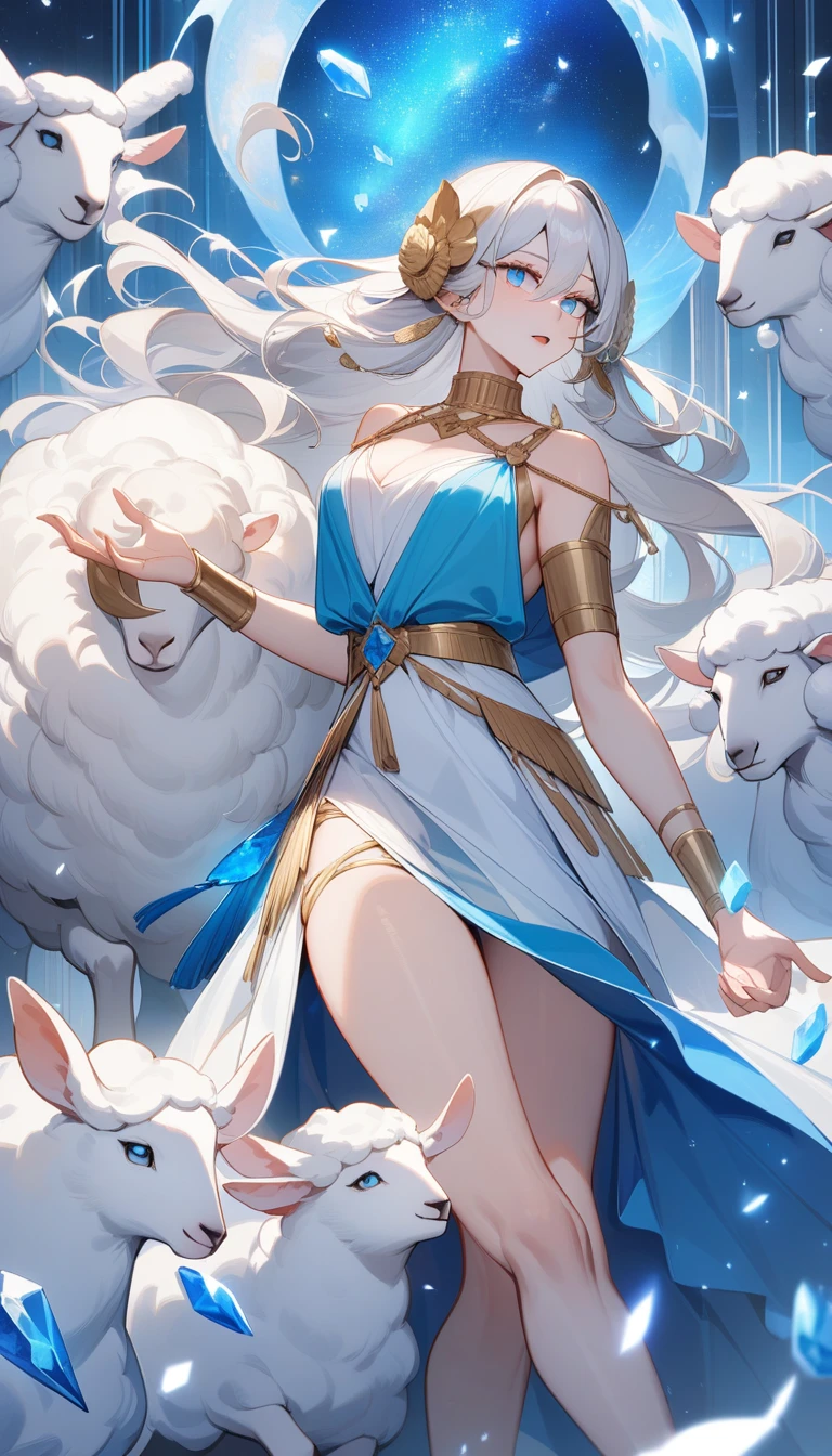 (Huang Li、high quality、Extremely detailed),Zodiac sign- Aries goddess,Giant white sheep,Woman stroking Aries,Similar to Latin goodness,brave,capricious,Productivity,The face of enterprising and humanitarianism,White long hair,Ancient Greek costumes、Wrap Dress,The background is the universe,Crystal blue eyes(Eyes Details),Powerful appearance