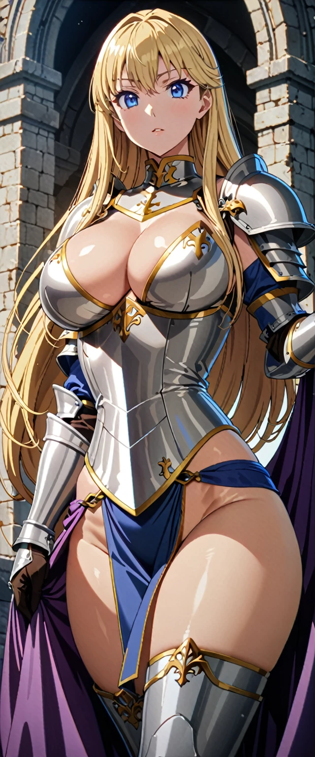 ((masterpiece)), ((high quality)), ((super detailed)), ((high resolution)) ,((8k)), a beautiful woman, ((She is one of the most famous female knight)), unparalleled beauty, ((huge breast)), ((large ass)), ((deep cleavage)), slim waist, chest out, ultra detailed face, perfect skin, (((long blonde straight hair))), blue eyes, detailed eyes, whole body image, (((anime))), ((glamorous)), 21 years old, ((incredibly beautiful woman)), ((The I cup bust)), ((((bikini armor)))), ((beautiful breasts)), beautiful legs, 8 life size, anime, the most beautiful and strongest, ((charm)), ((Grown-up face)), ((Perfect fingers)), ((Bewitching)), ((A young heroine)), ((((from below)))),