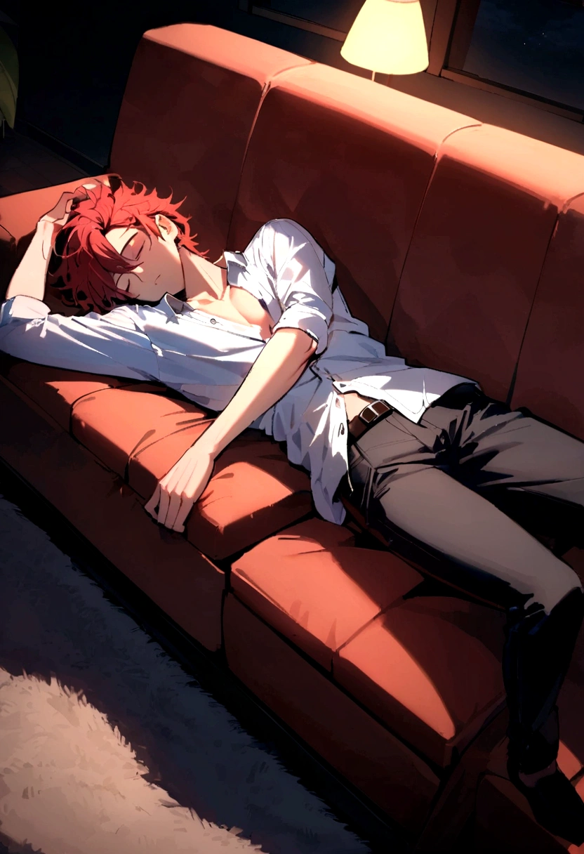 Young male, 25 years old, tall, sleeping on the couch, arm place in the head, (full body camera shot), night time, sexy pose, wearing a shirt, unbuttoned shirt, laying on the couch, messy hair, red hair, straight, (bird view camera shot), body straighten up