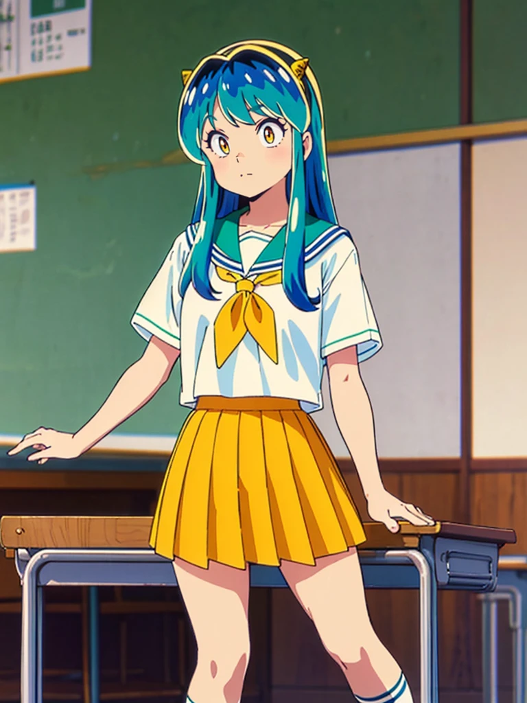 masterpiece, Highest quality, 1 Girl, Lum, Sailor suit, Summer clothes, Navy Blue Skirt, uniform, anime, Charm, 18-year-old, sexy, Stand with your feet apart, Japan, High definition, From before, classroom, Green Hair, Cowboy Shot, smile, Yellow neckerchief, 1980年代animeスタイル, White socks, Orange sneakers