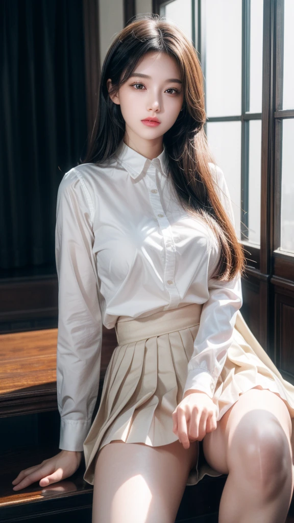 ultra Practical 8k cg, picture-Perfect face, Flawless, Clean, masterpiece, Professional artwork, Famous Artworks, Perfect face, Pretty Face, beautiful Eye, ((Perfect female body)), Solitary,(Immersive atmosphere, Chiaroscuro:1.5,Bright Light:1.2,Luminous lighting) ,,(blush:0.5),Expression,Extremely detailed_Eye,Thick thighs,Large Breasts, Beautiful and detailed background,Depth of Field,Practical:1.3, Long Shot,1 Girl,shirt,Pleated Skirt, , sit, whole body, (Ambient Light:1.3),(Composition:1.3),(Neon:0.1),(Human Development Report:0.1),Accent Lighting, White pantyhose,