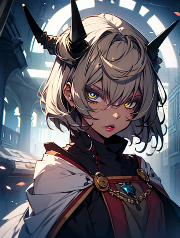tiefling girl with horns, tight white priestess outfit, dnd style portraiе, pixie-cut black hair, dark make-up, lipstick, tatoo, warlock celestial, yellow eyes skirt,face