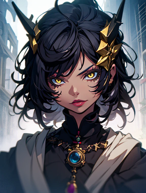 tiefling girl with horns, tight white priestess outfit, dnd style portraiе, pixie-cut black hair, dark make-up, lipstick, tatoo, warlock celestial, yellow eyes skirt，face