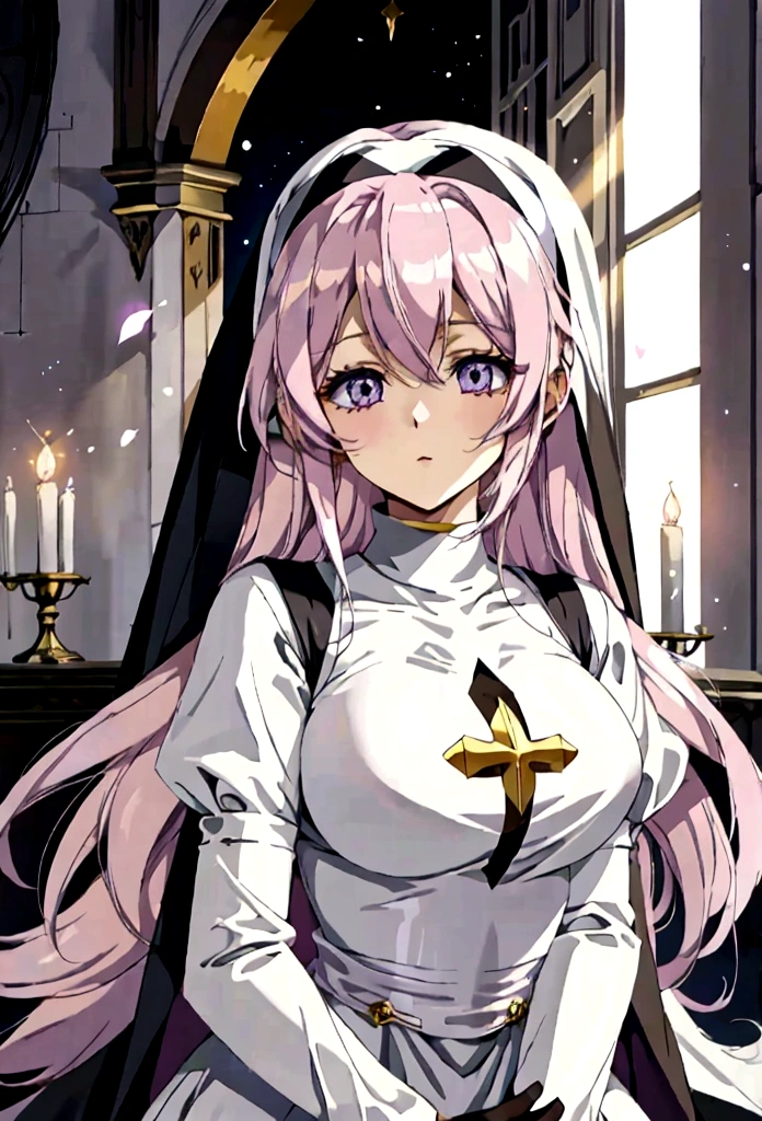 anime styling, best quality, pale white woman, Very Long Pastel Pink Hair, some wavy locks, bangss, purples eyes, nun (nun), dressed in royal clothes in black and white tones full of golden details, body covered. She is praying with a serious expression on her face. The background must be illuminated by a holy light, with light particles floating in the air, to create a serene and spiritual environment. Medieval RPG theme.
