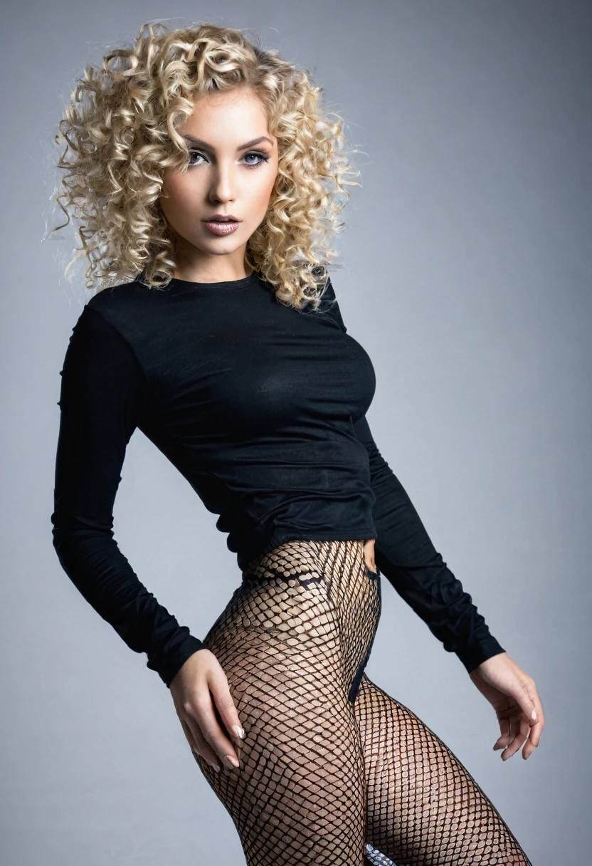 blonde woman in fishnet stockings and a black top posing, curly blond hair, fashion model photography,