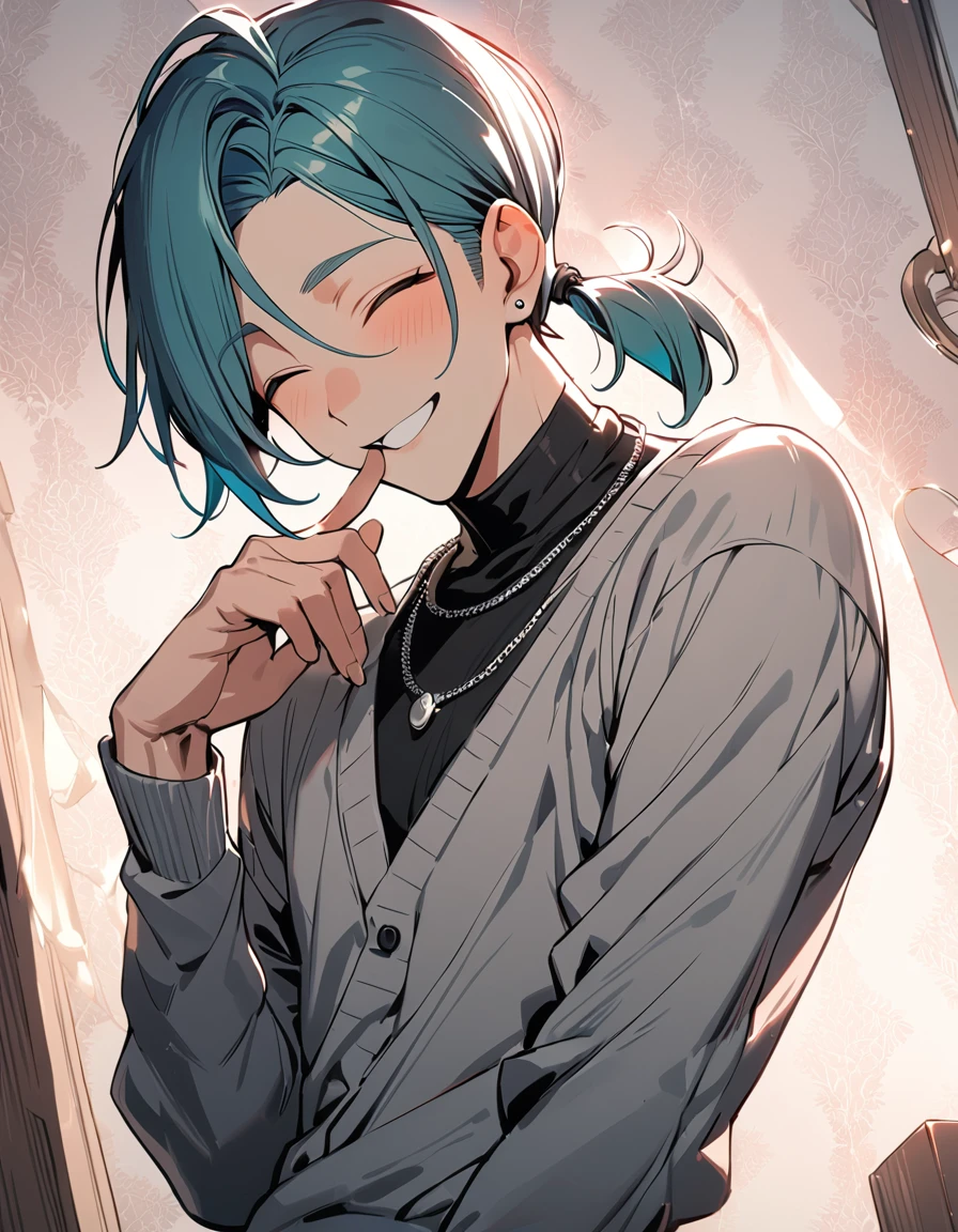 ((((best masterpiece, best quality, wallpaper,)))) solo, guy, male body, small muscles, flat chest, 1male, 30 years old, handsome man, dramatic angle, upper body, looking at viewers, beautiful detailed, finger to mouth, mediumturquoise hair, ((((Lower short ponytail)))), asymmetrical bangs, ((short hair,)) smirk, ((( closed eyes, ^o^, tareme, droopy eyes,))) perfect face, extremely closed eyes, perfect hands, sharp nose, clear face, black turtleneck, grey cardigan, ((silver piercing, simple silver necklace,)) leggings, pink background color ultrasharp, 8K, masterpiece,