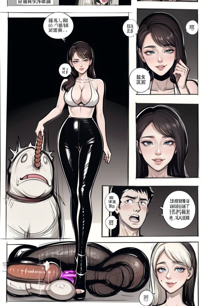 The beautiful girl in lace top and leggings is sitting astride a pile of skeletons in the center of the picture. She is holding a trembling sausage with juice squeezed out in her hand and smiling. There are multiple comic storyboards in the background,cbt, sausage bondage,sausage insertion,Sexy, trampling sausage with heel, thin gap:2,cameltoe:2,(masterpiece, best quality:1.2),1 beautiful girl,sexy,comic storyboard:2, leggings, sit astride, axially symmetrical:2, ,femdom,sounding,cbt,hold,smile,colorful,leggings,thin gap,cameltoe,insertion,trembling,juice,spray, Long hair,Lace top,Sexy, Shiny leggings, High heel,cleveage, trampling, in forest, saliva , Mucus,