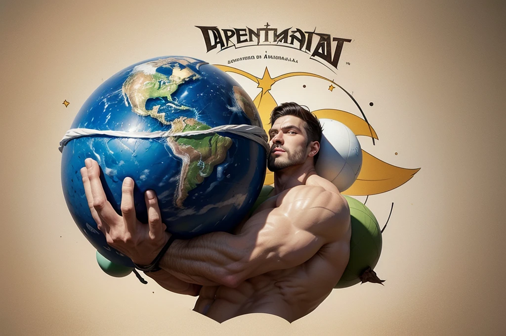Atlas carrying a planet with a banner that says DEMENCIAL with perfect typography and clear read, Atlas is athletic and fitness, sketch style, cartoon style