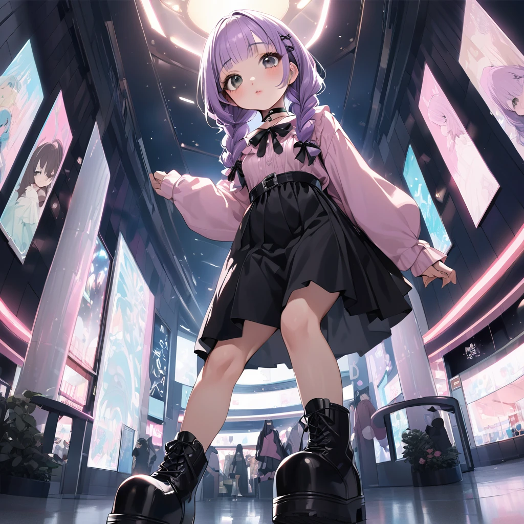 masterpiece, ultra detailed, 8K, solid blue Skyscrapers background, full body shot, Angle looking up from below.happy, a girl, kawaii, light atmosphere, mysterious atmosphere, (Cute a girl:1.5), (a girl with closs hair pin,pale purple hair,wavy two braids,bluntbangs hair,green and black eyes,
pink shirt,cosplay, jirai kei, bangs, black skirt, black bow, looking at viewer, bow, long sleeves, choker, ribbon,pink lips,Thick-soled boots,fullbody shot :1.4),pussy focus,Masturbation Female with her hand,nsfw,
(masterpiece:1.3), anime visual, (Lovey-dovey:1.5), (tilt head:1.3), extremely delicate face, soft clean focus, realistic lighting and shading, (an extremely delicate and beautiful art:1.3), elegant, (muted colors:1.1), small breast,slim,Sitting on a carry-on bag in Shinjuku Tower Kids,n mall,night lit,