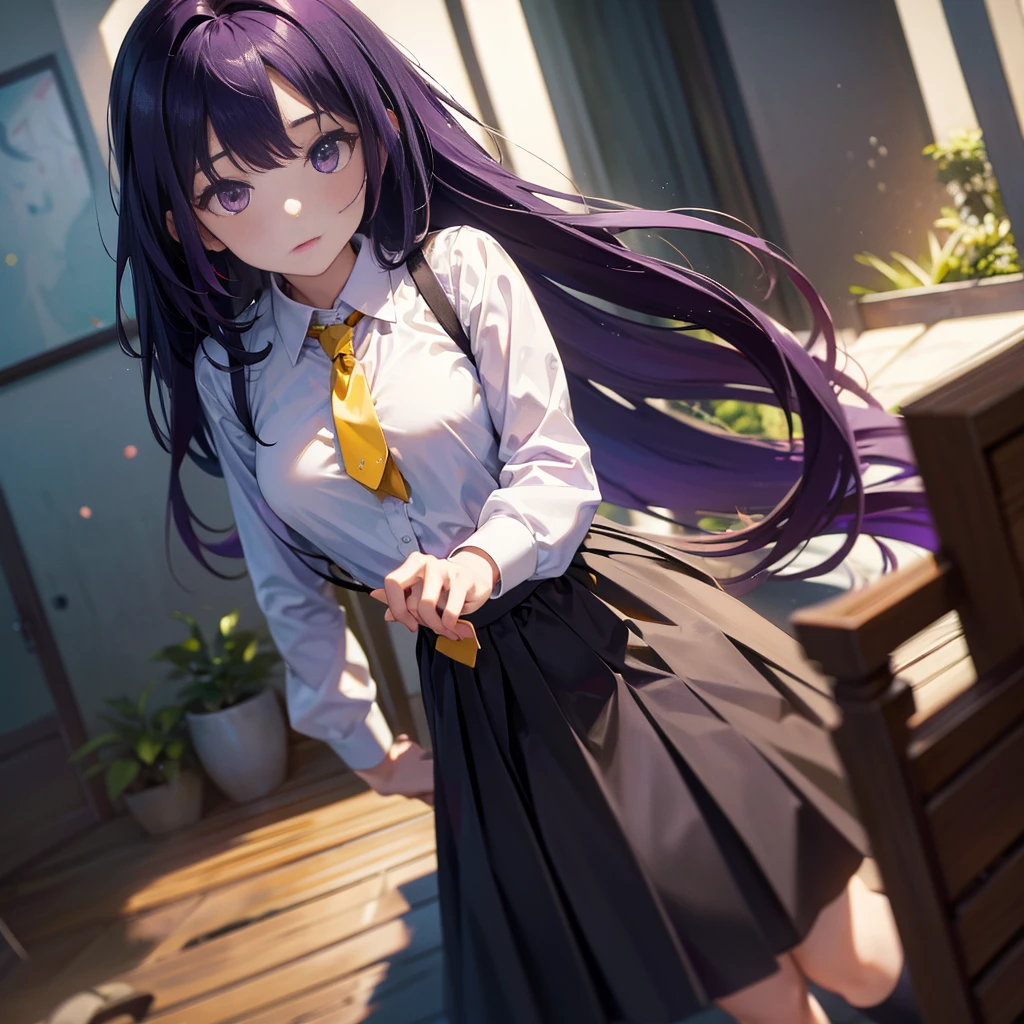 Best picture quality, 8K, high quality, masterpiece:1.2), ((masterpiece)), (great detail, high quality, best picture quality), bokeh, DOF, Portrait, open stance, purple hair long hair, in black, round face, in white shirt with a yellow tie, black plead skirt, lie down on the balcony