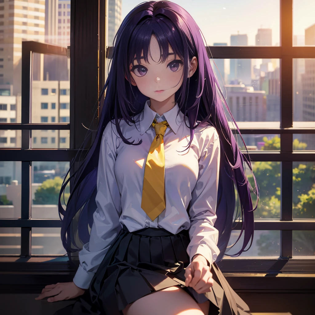 Best picture quality, 8K, high quality, masterpiece:1.2), ((masterpiece)), (great detail, high quality, best picture quality), bokeh, DOF, Portrait, open stance, purple hair long hair, in black, round face, in white shirt with a yellow tie, black plead skirt, lie down on the balcony
