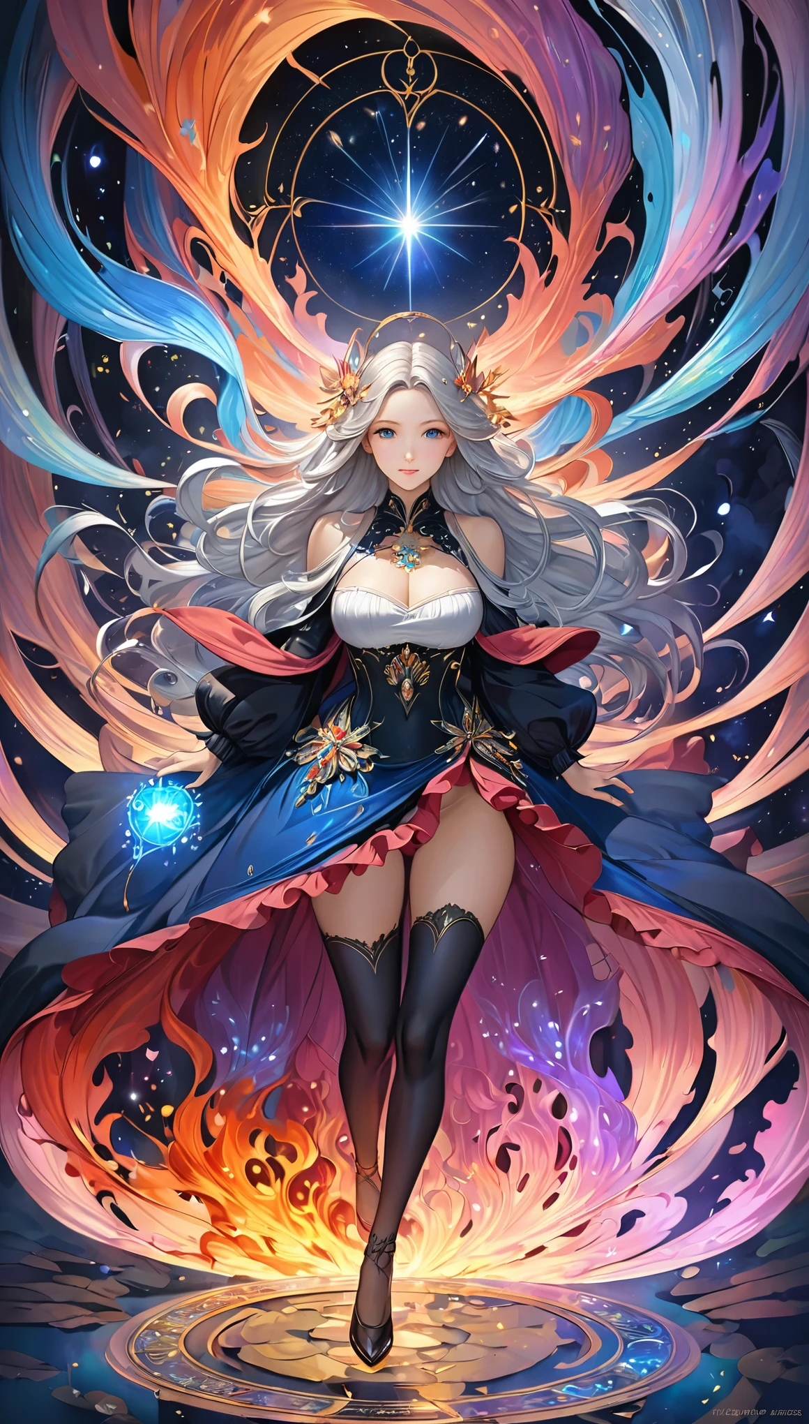 8K resolution, masterpiece, Highest quality, Award-winning works, unrealistic, From above, sole sexy lady, healthy shaped body, 22 years old, black mage, 165cm tall, huge firm bouncing busts,, white silver long wavy hair, Detailed facial depictions, Break, Mysterious blue eyes, Standard nose, Eyeliner, pink lips, sexy long legs, Clear skin, holy knight, Gothic ruffle long dress, A dress with a complex structure, Seven-colored colorful dress, Clothed in flames, royal coat of arms, elegant, Very detailed, Delicate depiction of hair, miniature painting, Digital Painting, artステーションコンセプトart, Smooth, Sharp focus, shape, artジャム、Greg Rutkowski、Alphonse Mucha、William Adolphe Bouguereau、art:Stephanie Law , Royal Jewel, nature, Symmetric, Greg Rutkowski, Charlie Bowwater, Unreal, Surreal, Dynamic Lighting, ファンタジーart, Complex colors, Colorful magic circle, flash, dynamic sexy poses, A kind smile, Mysterious Background, Aura, A gentle gaze, BREAK, Small faint lights and flying fireflies, night, lanthanum, 山の頂From above下界を見下ろす, Starry Sky, milky way, nebula, shooting star
