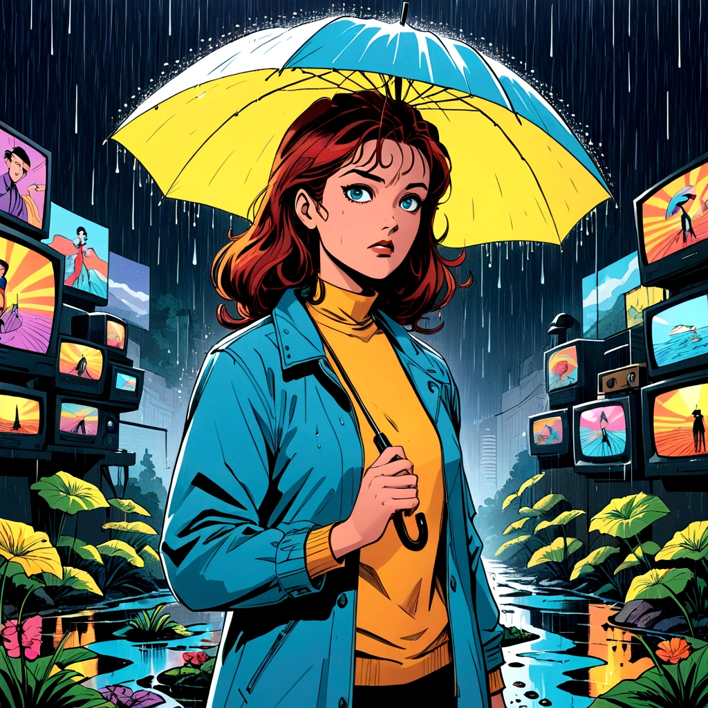 woman holding umbrella, technicolor rain, uv light face mask, , VHS, glitch, distorted, nostalgia, 90's retro vibes, analog tape, vcr aesthetics, tv, television, 1990's cartoon homage), comic 1990's, animated tv show screengrab, cinematic poster, image within image, multiple exposure, massive scale, rich color grading for shading depth, hand drawn rotoscope cartoon realism, chiaroscuro lighting, mixed media, vintage comic, retro original design, 1990's comic, sense of movement energy, A black and white world, holding umbrella, each drop of rain unleashes a ripple of color, bringing color to this otherwise mundane world, color reverberating out from each raindrop as it makes contact with the ground, subtle coloring to enrich the black and white image, rich color grading, sense of depth, shading and shadows