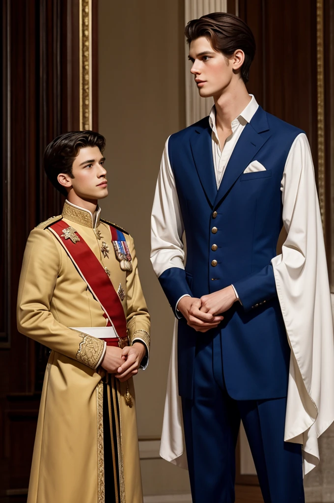 a tall boy, strong, 20 years old, with a prince's crown on his head, looking and hugging a thai boy, a little bit shorter than the boy with the crown, they both look at each other, dressed in casual but elegant clothes, with a background of a royal palace